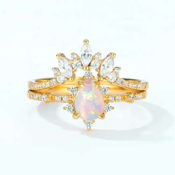 925 Sterling Silver Opal Stacking Gold Plated Ring, Engagement Ring - Picture 1 of 5